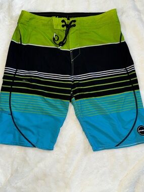 O'Neill Lime Green, Black & Teal Striped Men's Boardshorts